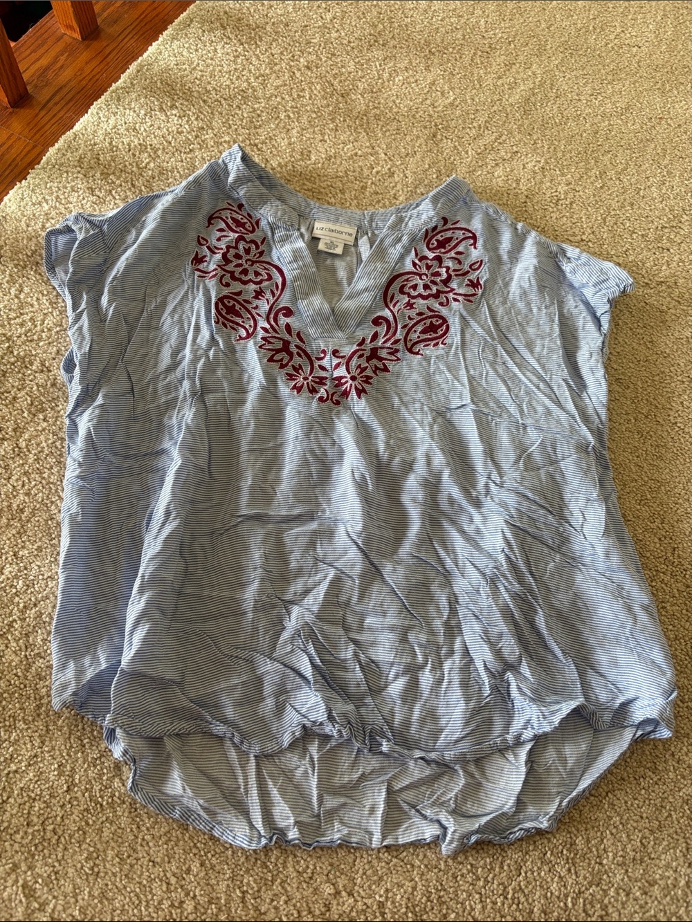 Liz Claiborne Light Blue Pinstripe Tunic with Red Embroidered Yoke